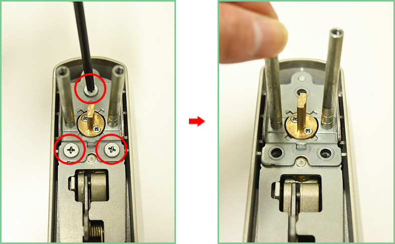 ③外側のドアノブのシリンダーを固定するビスを外す