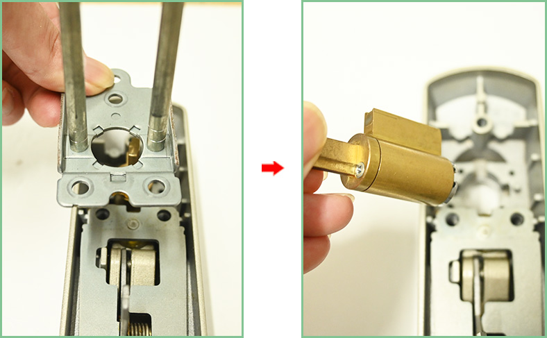 ④金具とシリンダーをそれぞれ外す