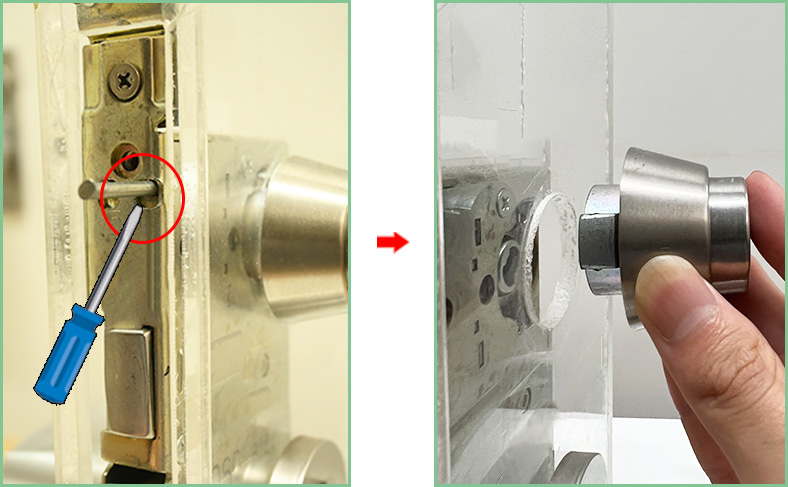 ②シリンダーを固定しているピンを抜いてシリンダーを外す