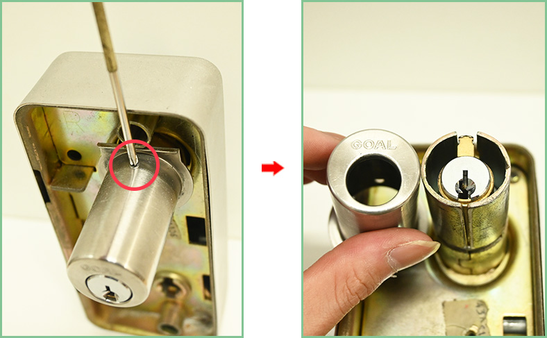 ③錠ケースにあるシリンダーカバーのビスを外す